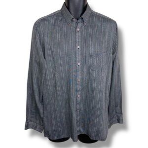 Vintage Mens Large Koman Grey Black Striped Long Sleeve Button Up Shirt